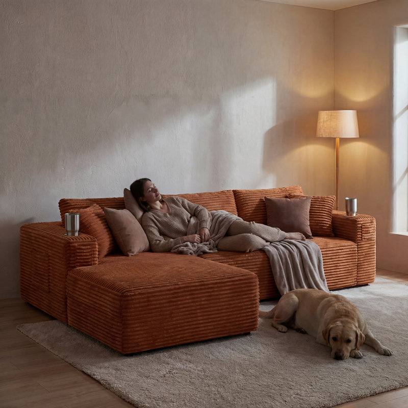 Canapé modulaire à compression en L 108 po avec méridienne profonde rembourrée en velours côtelé 108 po
