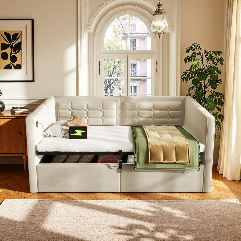 Twin Size Daybed with Under-bed Storage, USB Ports Included (Beige), Beige
