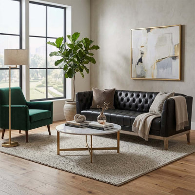 Canapé 3 places en similicuir avec capitonnage à boutons, revêtement 100% polyuréthane, pieds en bois de pin massif pour les salons modernes et rétro