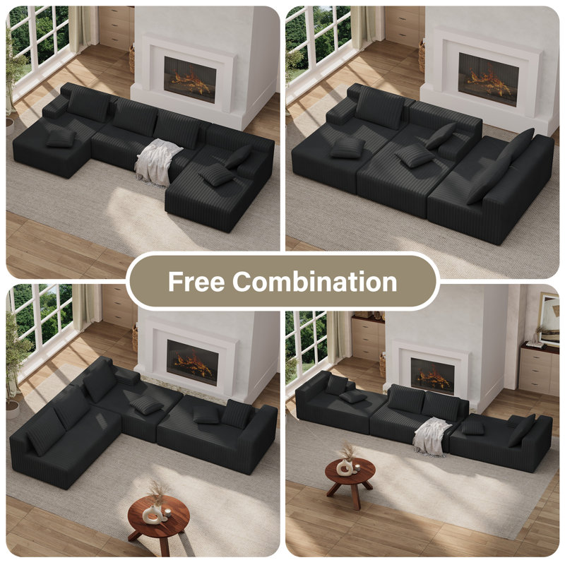 Boneless U-shaped 132" Boneless Modular Cloud Couch Sectional Sofa, Black Corduroy