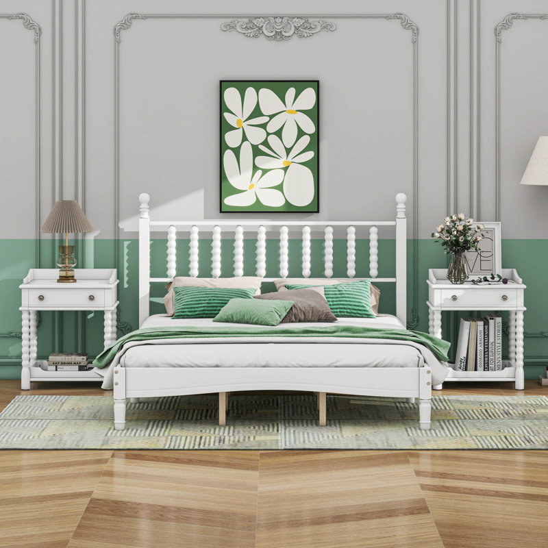 Ensemble de chambre à coucher de style rétro avec 4 pièces, grand lit plateforme avec tête de lit en forme de gourde, table de chevet et banc