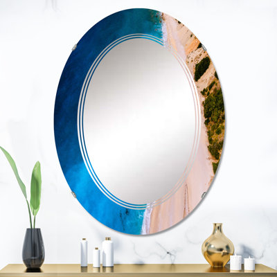 Vue aérienne de l'océan bleu avec plage - miroir mural nautique et côtier ovale