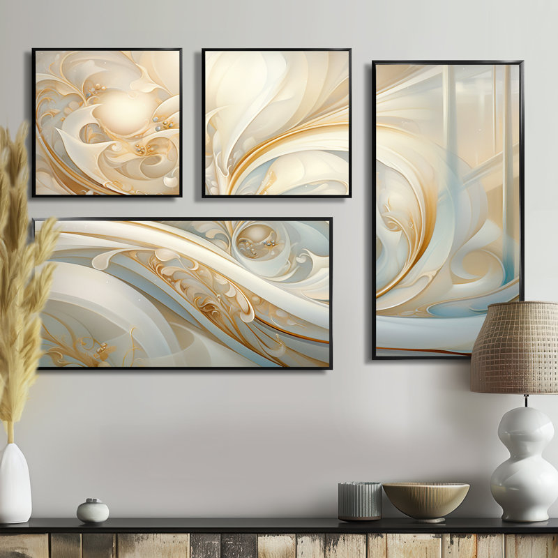 «Tender Whirling White Illustration IV - Abstract Spirals», art mural sur toile 4 pièces, Noir