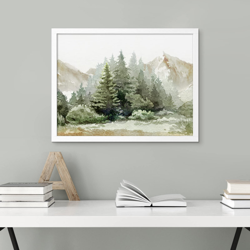 " Watercolor Pine Tree Mountain ", White, 8" H x 10" W