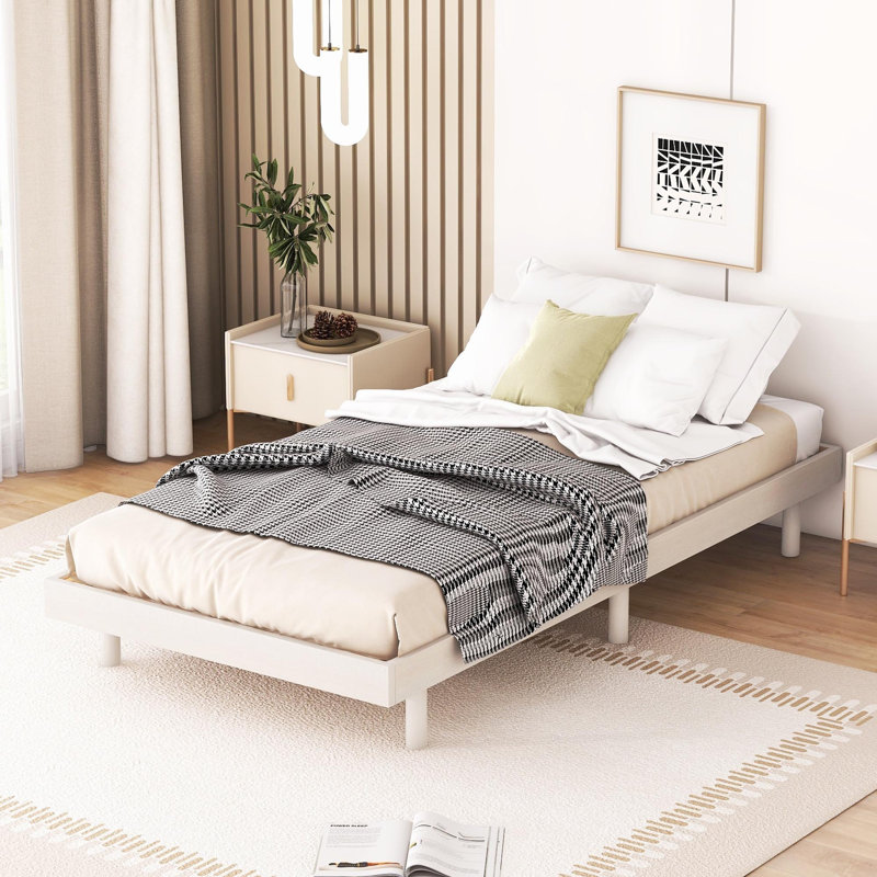 Cadre de lit plateforme flottant de conception moderne pour lit blanc délavé, Lit simple, Blanchies