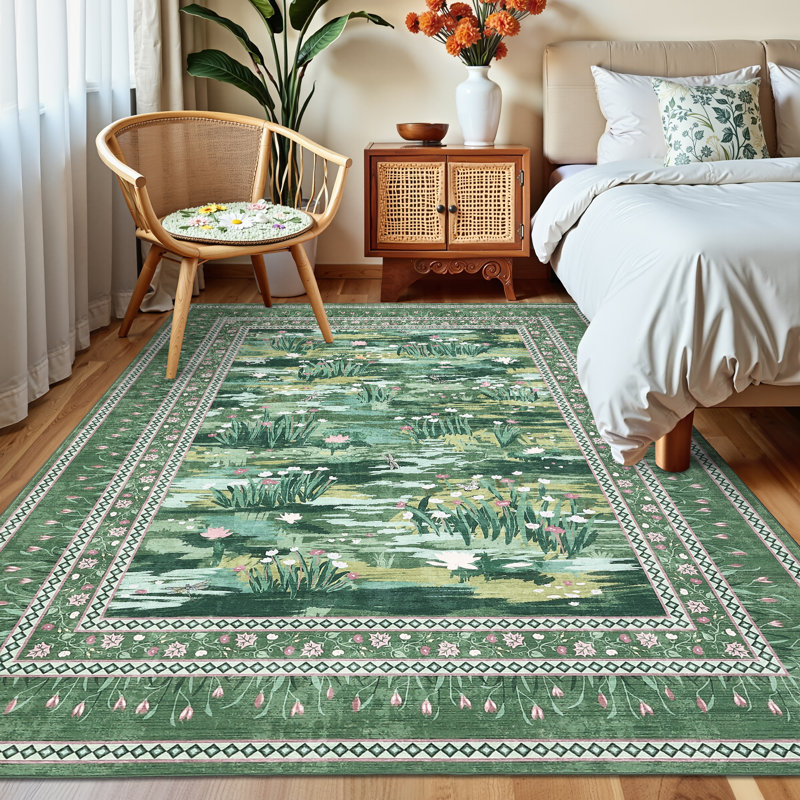 Washable Rug for Living Room, Soft Non Slip Floral Bedroom Rugs, Water Lily Pond Cute Nursery Rug, Large Low Pile Stain Resistant Farmhouse Rugs