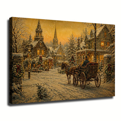 Snowy Victorian Winter Town With Horse Carriage Vintage Christmas Canvas Wall Art For Rustic Living Room Decor