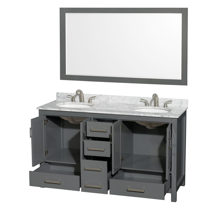 Sheffield 60" Freestanding Double Bathroom Vanity with Marble Top with 58" Mirror, Brushed Chrome, Dark Gray