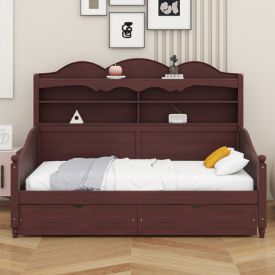 Wooden Retro Daybed with Storage Drawers & Headboard Shelving, No Box Spring Needed, Easy Assembly