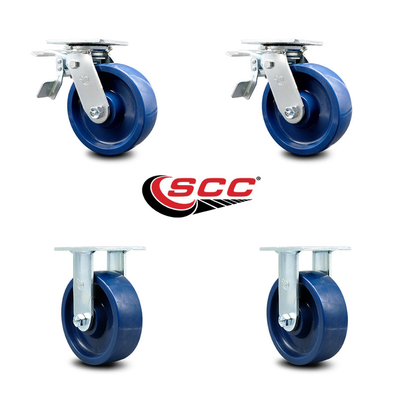 6 Inch Solid Polyurethane Caster Set with Ball Bearings 2 Brakes 2 Rigid SCC