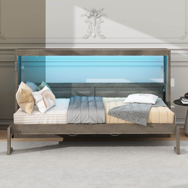 Lit escamotable simple avec lumière DEL, peut être plié dans une armoire, Brun