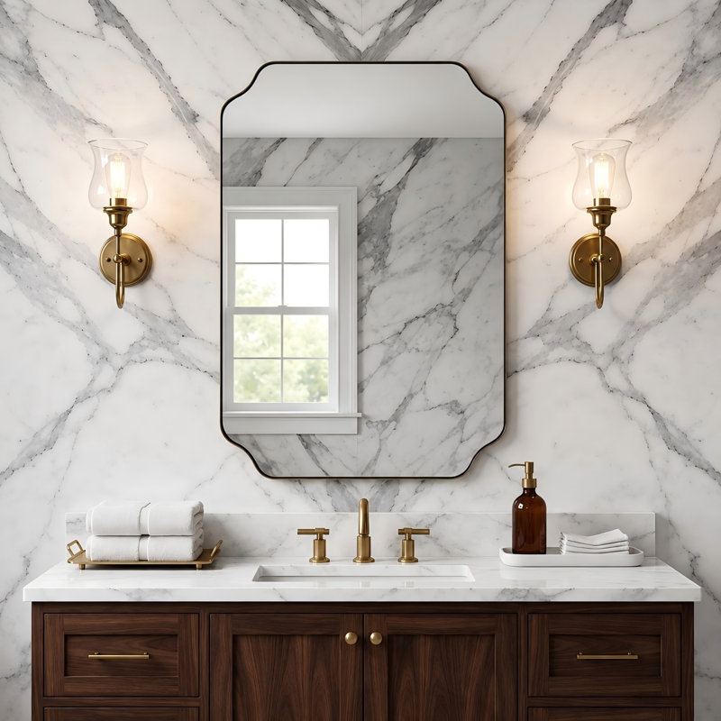 Rectangular Bathroom Vanity Mirror with Scalloped Corners – Stainless Steel Frame, 36" x 24", Brushed Gold