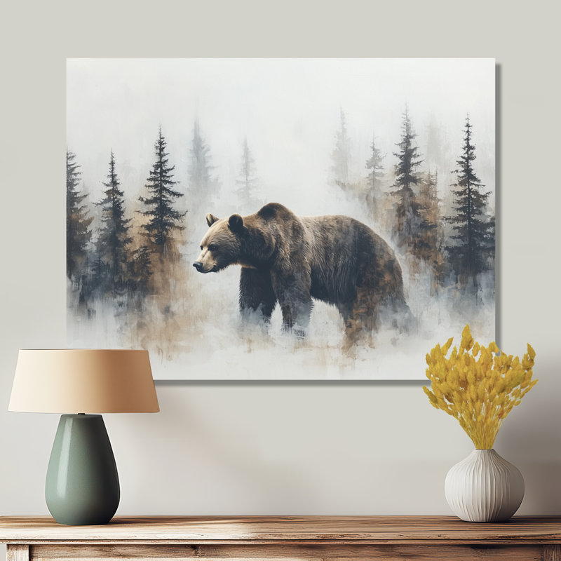 Ours dans le brouillard, forêt, paysage I, H 12 po x l 20 po, Toile tendue sur cadre, Ne s’applique pas
