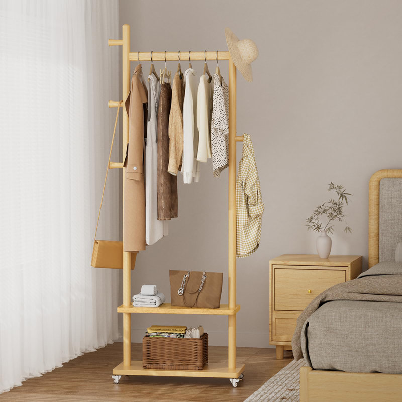 Heavy Duty Freestanding Coat Rack with Wheels, 2 Storage Shelves & 5 Hooks, Wood Corner Coat Tree Stand for Bedroom Entryway Living Room Hotel, Size L