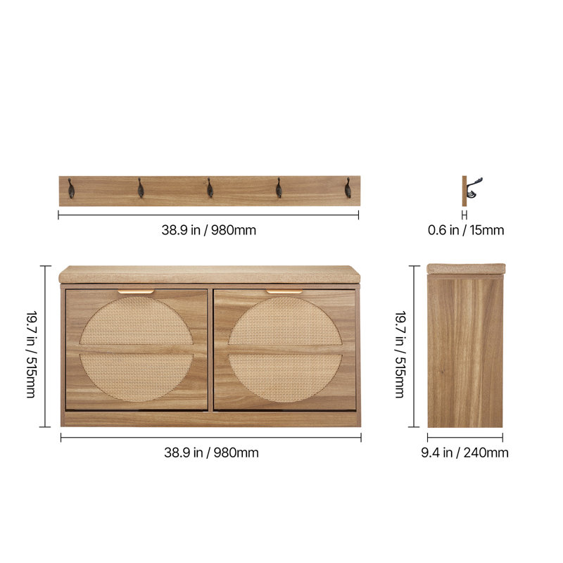 Banc de rangement pour hall d'entrée 38,9 x 9,4 x 19,7 pouces