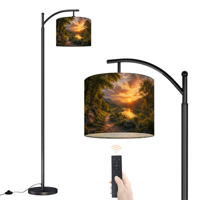 Arc Floor Lamp with Adjustable Lampshade Golden Sunset Serene Forest Standing Lamp 3 Color Temperatures Dimmable Tall Pole Lamp with Foot Switch for Bedroom