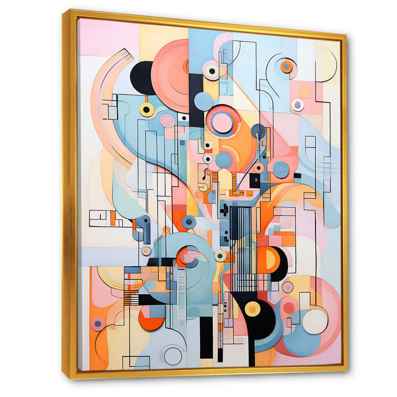 «Geometric Popart Bluiding In Harlem», art mural abstrait sur toile, Cadre flottant doré, H 40 po x l 30 po x P 1,5 po