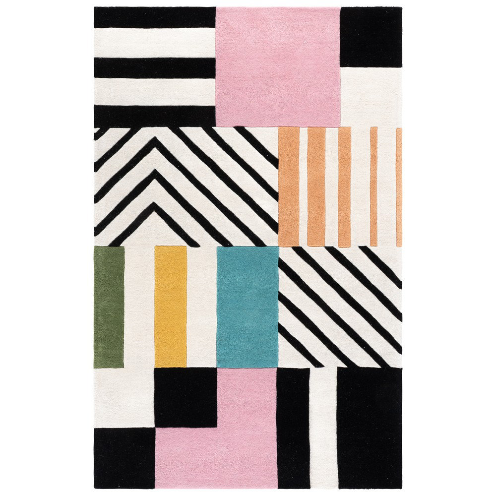 Tripoli Ivory Black Pink Hand-Tufted Geometric Rug, Rectangle 3' x 5'