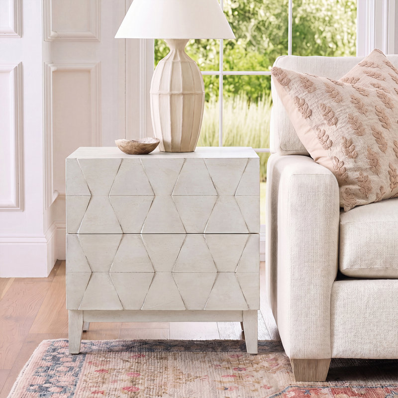 Iasiah Midcentury Modern 26''W 2-Drawer End Table with Charging Station and Solid Wood Legs, White
