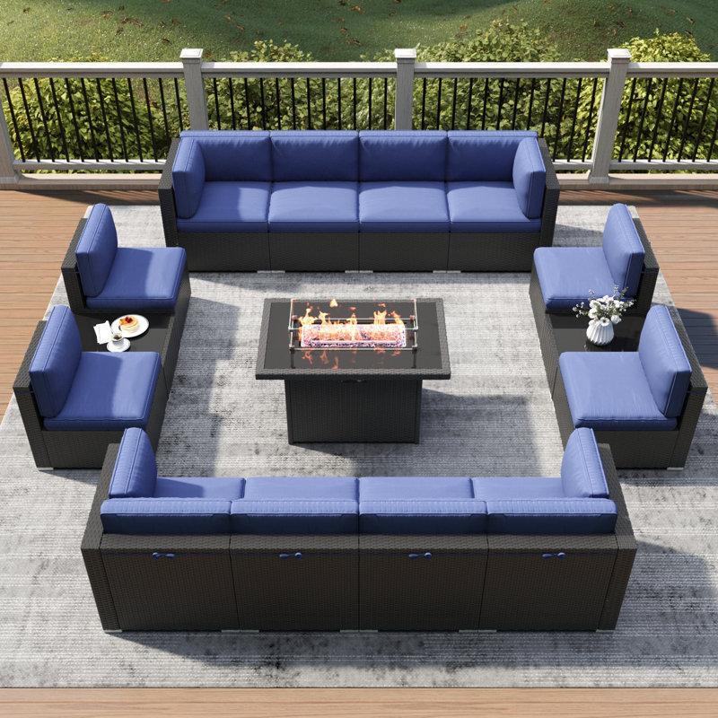  15 Piece Patio Furniture Set with Fire Pit Table, Outdoor Conversation Sets Wicker Rattan Sectional Sofa with Coffee Table