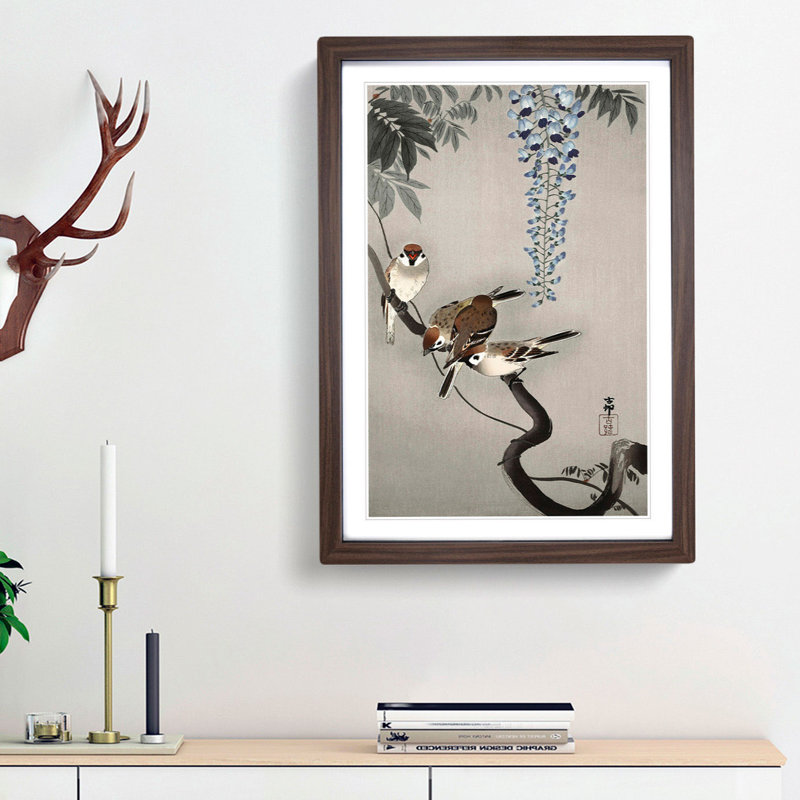 Sparrows at Wisteria by Ohara Koson - Picture Frame Painting Print, Walnut Framed, 48cm H x 36cm W x 2cm D