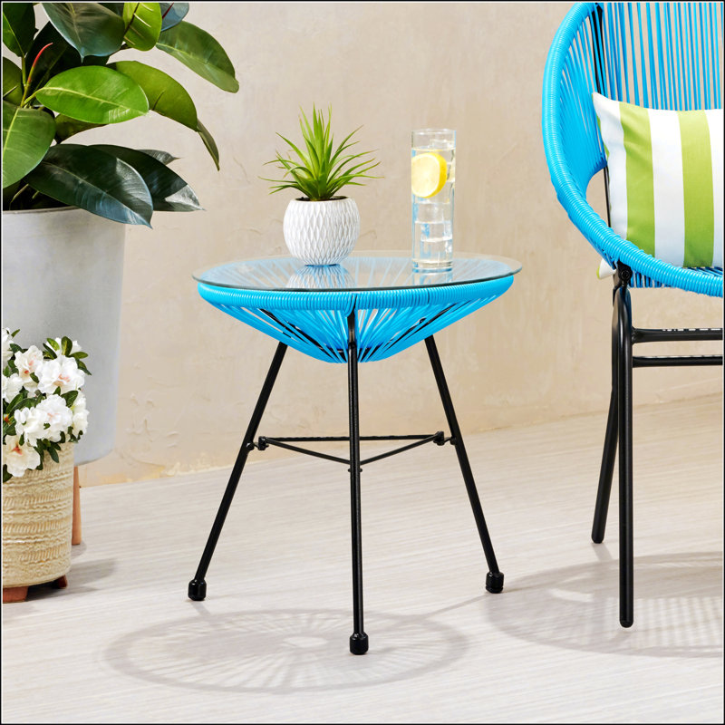 Nusa Rattan Side Table With Tempered Glass Top, Perfect For Modern And Durable Outdoor Use.