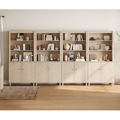 Bibliothèque Lysiane de 71 pouces de hauteur avec portes, bibliothèque à 5 niveaux avec armoire de rangement pour bureau à domicile, salon, 142 po de largeur, 4 colonnes