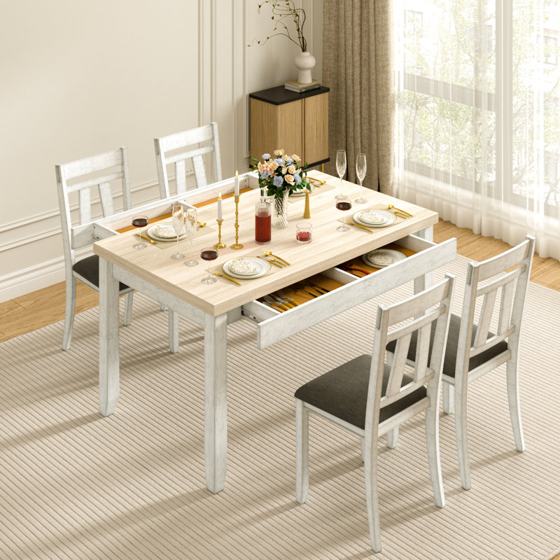 Ensemble de table de salle à manger 5 pièces avec 2 tiroirs, table de rangement en bois massif et 4 chaises Ensemble de salle à manger en bois d'hévéa pour la salle à manger et le salon