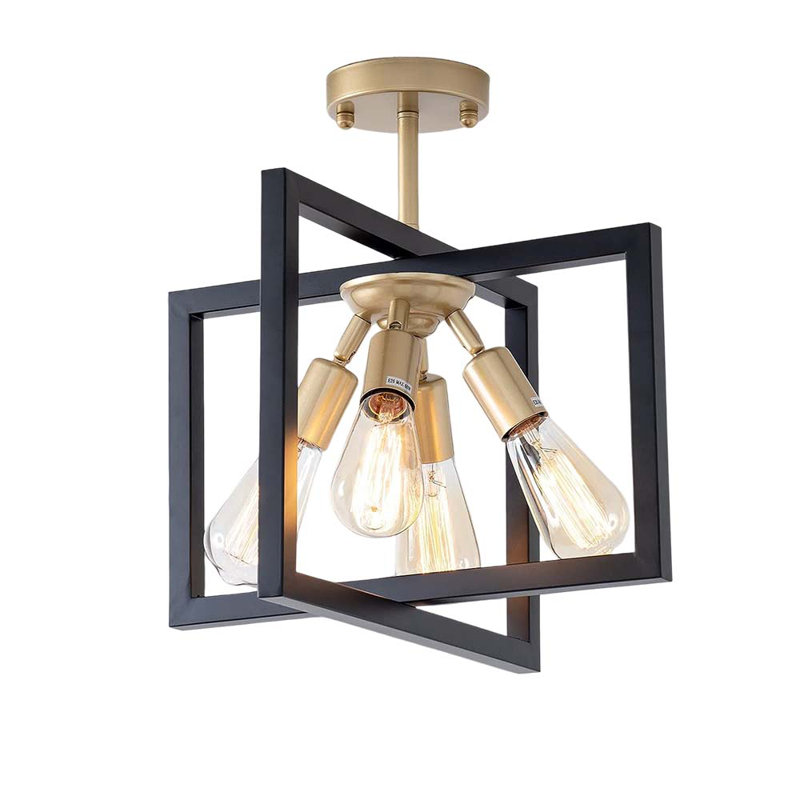 Plafonnier semi-encastré de style campagnard rétro industriel noir et doré à 4 lumières Aaliha