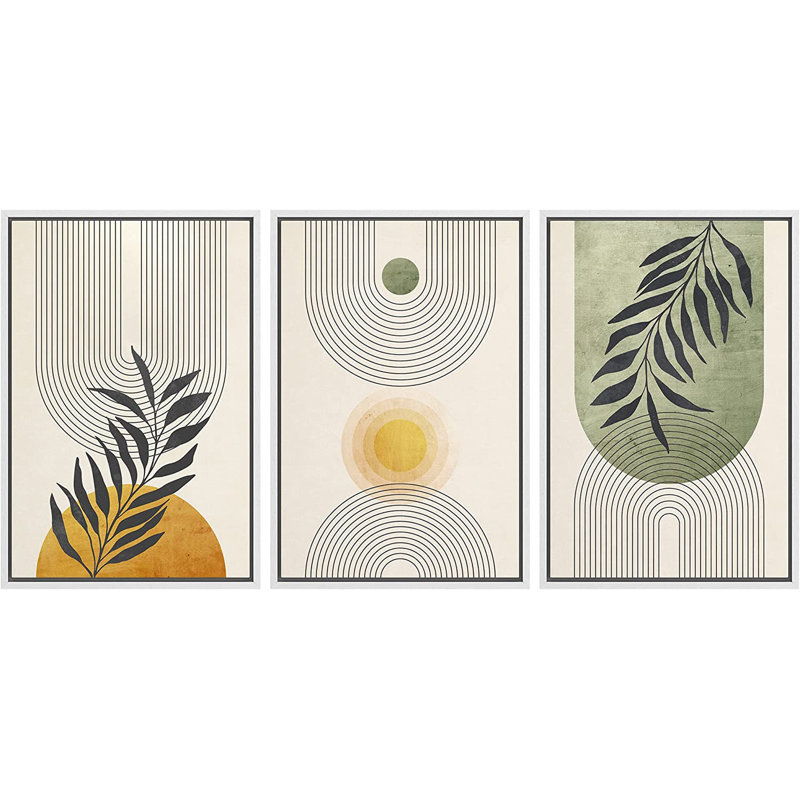«Mid Century Modern Boho», pastel vert géométrique, feuille de palmier jungle, H 24 po x l 48 po, Blanc