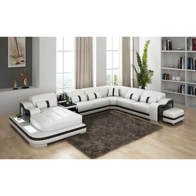 Linsee 168" Wide Leather Modular Sofa & Chaise with Ottoman