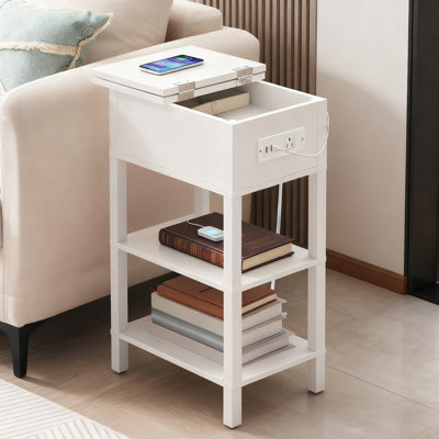 Flip-Top End Table With Charging Station, Narrow Side Table With USB Ports & AC Outlet, Storage Shelves And Hidden Drawer For Small Spaces, Living Roo