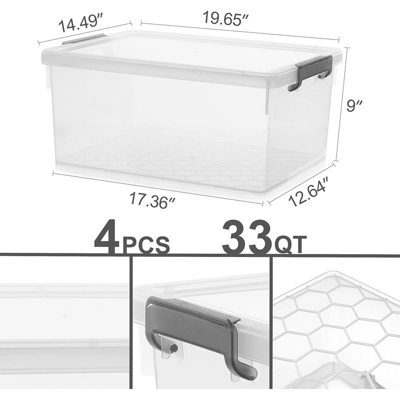 Ensemble de 4 bacs de rangement transparents de 33 pte avec couvercle empilable, H 16,7 po x l 14,5 po x P 9 po