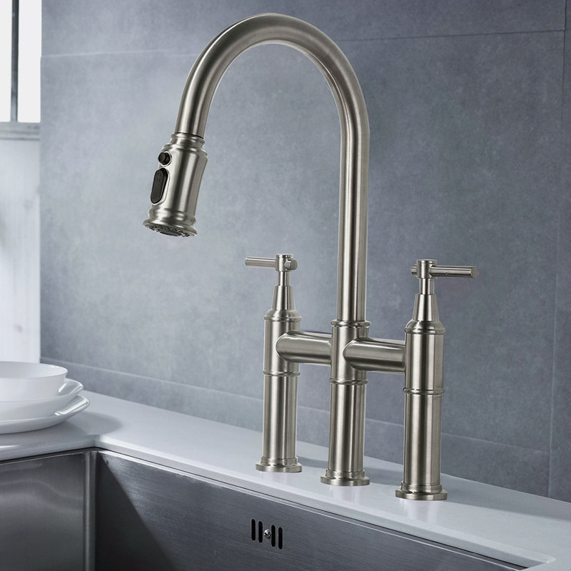 Robinet de cuisine Bridge avec douchette extractible encastrée, Nickel brossé