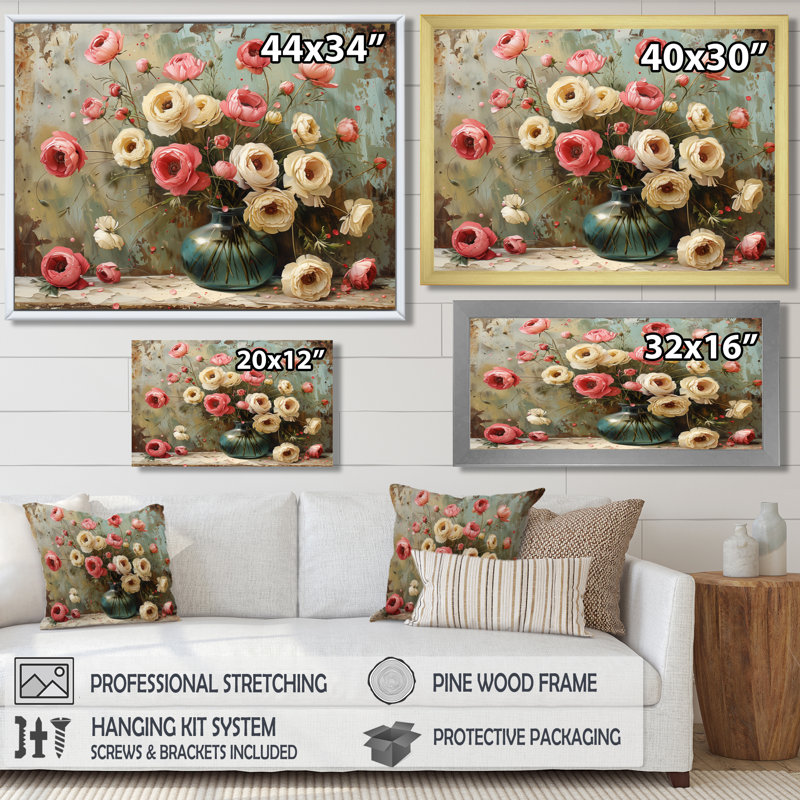 Rose et blanc, charme de ferme, Renoncule II - Renoncule, art mural, H 12 po x l 20 po, Cadre flottant brun