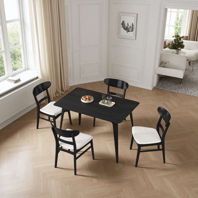Ensemble de salle à manger 5 pièces de style Mid-Century moderne, structure en bois d'hévéa, une table et 4 chaises rembourrées