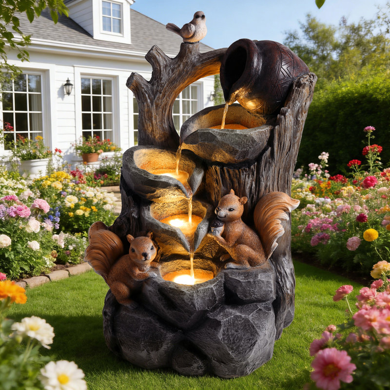 Squirrel Outdoor Water Fountain with Lights Waterfall Garden Decor Resin Tree Stump Pouring Jug
