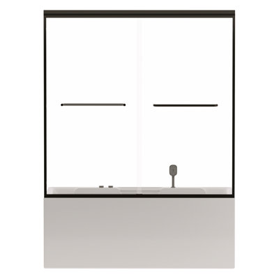 56 - 60 Inches Wide Semi Double Sliding Bathtub Shower Door, 1/4" Tempered Glass With Proof Film, Adjustable Aluminum Frame, Matte Black Finish, 20 1/2" Stainless Steel Handle, Rollers For Smooth And