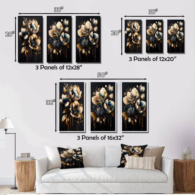 «Blue And Gold Tulips», 3 pièces sur toile, Blanc, H 20 po x l 36 po