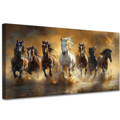 Art mural cheval - décoration murale décorée de photos de chevaux, 7 chevaux qui courent la peinture Vastu avec cadre pour le salon, art mural sérénité, impression sur toile, 12 x 24 pouces