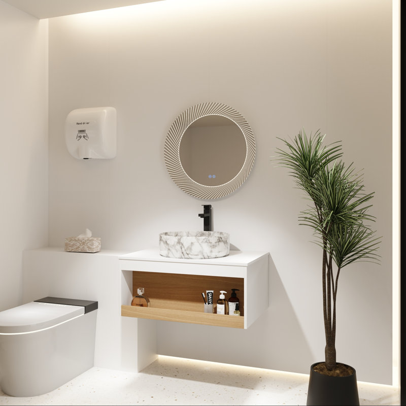 Meuble-lavabo flottant avec vasque ronde à motif marbré et tablette ouverte, 30"