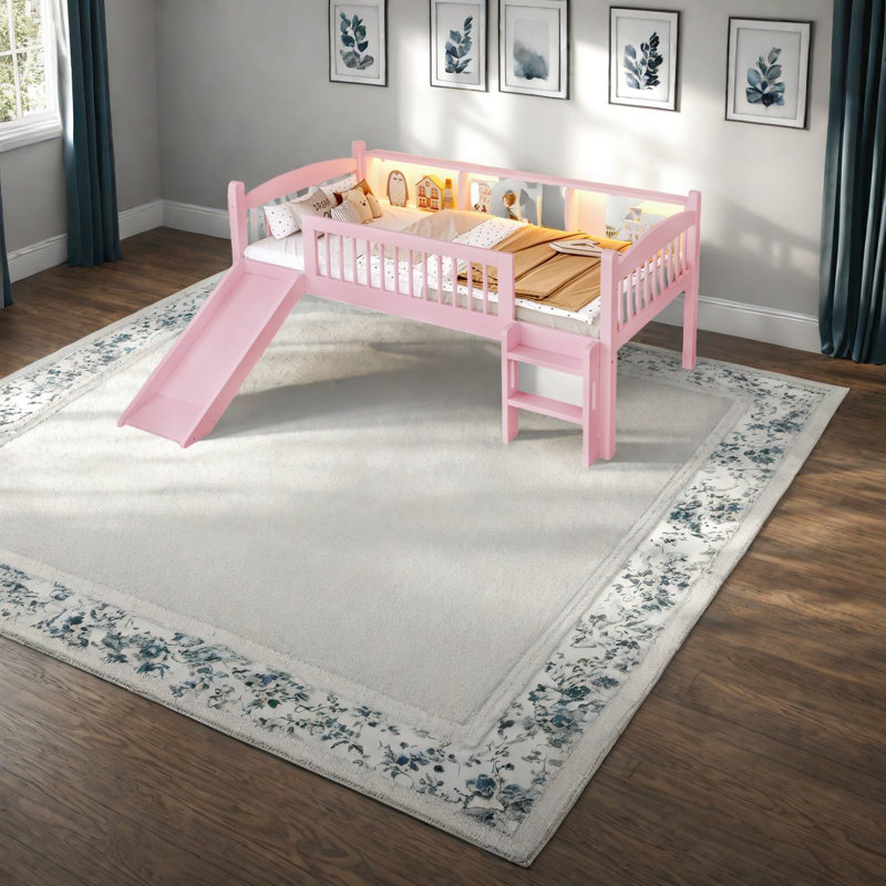 Lits simples TG très petits avec tablettes de rangement en bois, finition rose