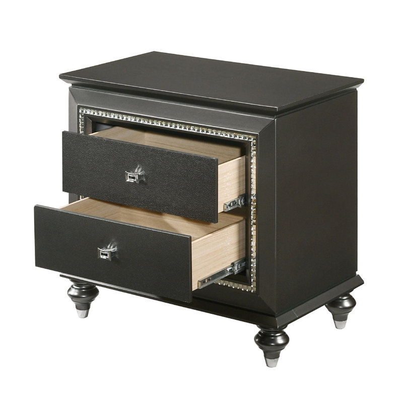 Metallic Grey 2 Nightstand - Solid Rubberwood Beautifies Bedroom Space Finish 2 Drawers For Utility