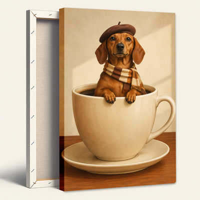 Dachshund Dog in Coffee Cup Wearing Beret and Scarf Canvas Wall Art