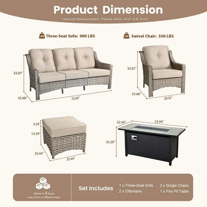 Outdoor Rattan Patio Furniture Set Of 6 With Cushions And Fire Table, Beige