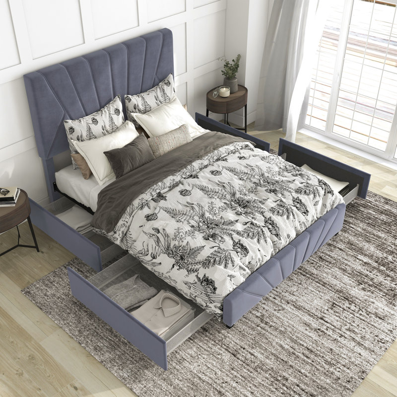 Lit plateforme tapissier avec rangement Amillya, Complète, Bleu marine