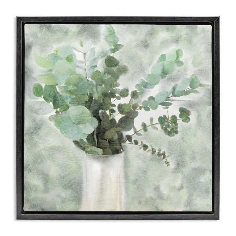 «Sage Green Painterly Eucalyptus», art mural sur toile flottante noire par Kimberly Allen, H 18 po x l 18 po