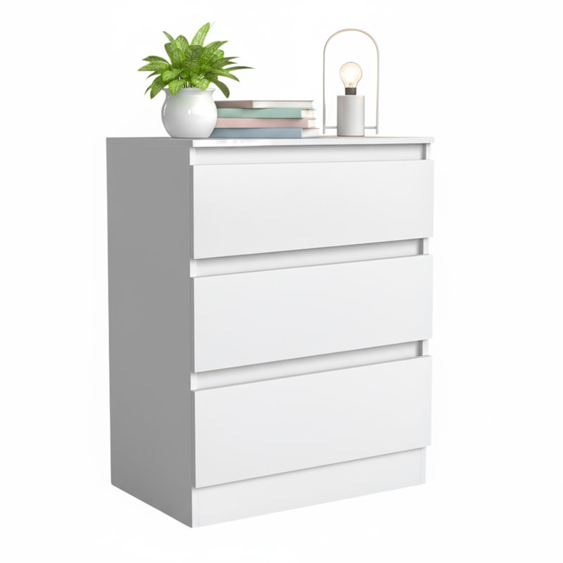 White 3-Drawer Nightstand – Small-Space Bedside Table, Anti-Tip Kit, White
