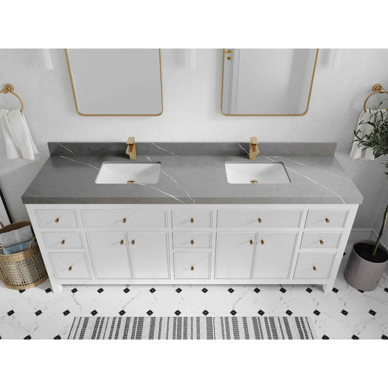 84'' Double Bathroom Vanity with Top, White, Gray Quartz