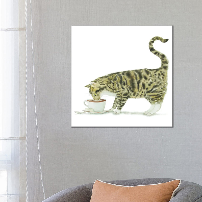 Tabby Cat And Coffee by Alexey Dmitrievich Shmyrov - Wrapped Canvas Painting, 66.04 cm H x 66.04 cm W x 3.175 cm D